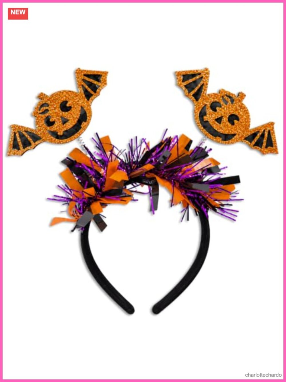 Halloween Bat Headband with Glitter Pumpkin Fringe and Ribbon